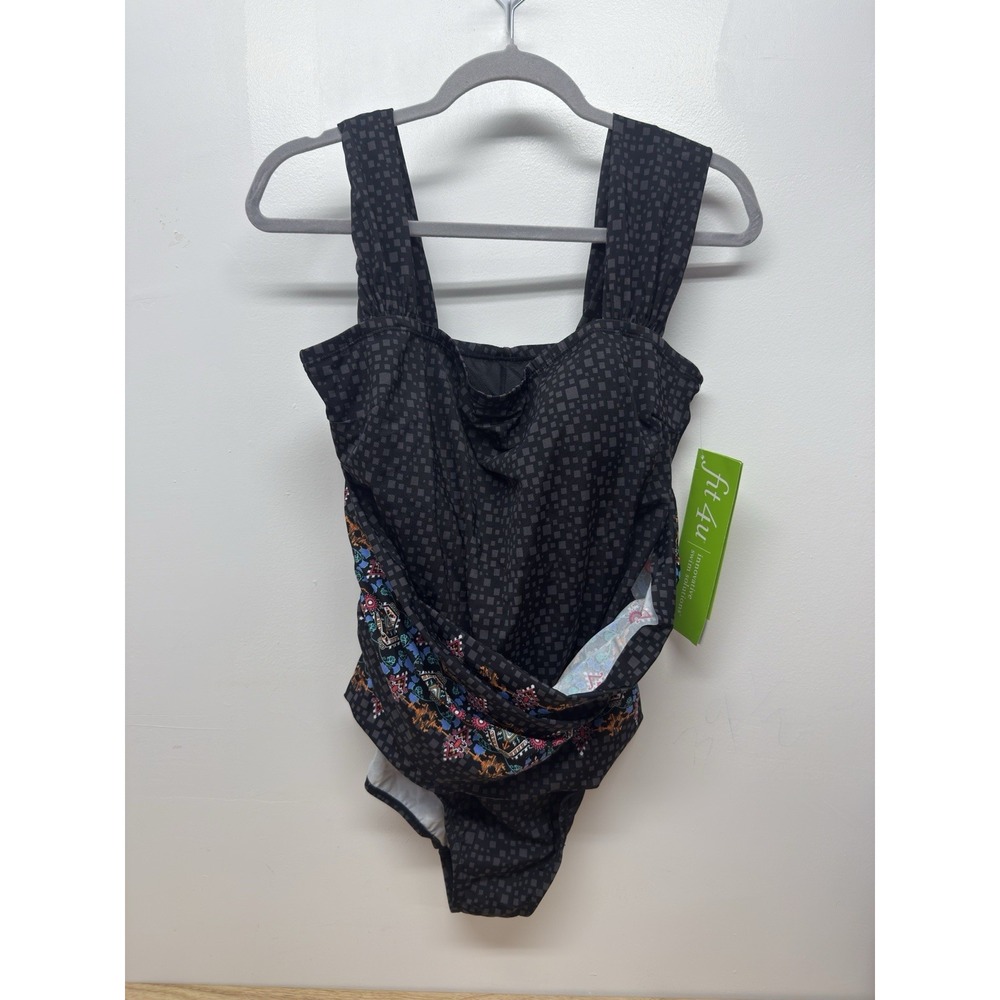 Fit 4 U Womens‎ Tummy Control One Piece Swimsuit Size 16 Black New Sliming #12